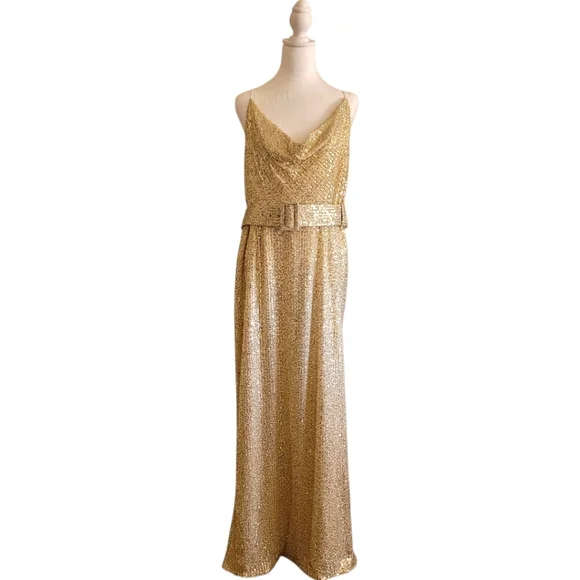 asos gold sequin maxi dress Rent Oh Polly Kassie Embellished Cut-Out Halterneck Gown in Almond main image 0